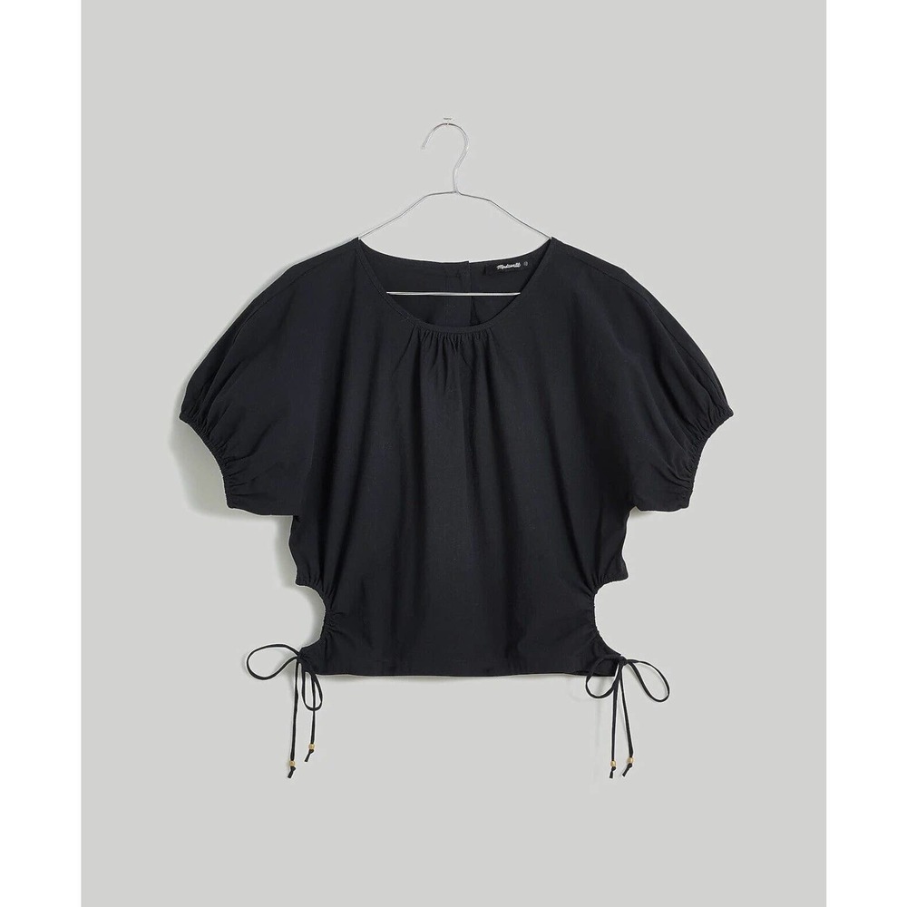 NWT Madewell Womens Polplin Puff‎ Sleeve Cutout Crop Top Shirt XL Cotton Black